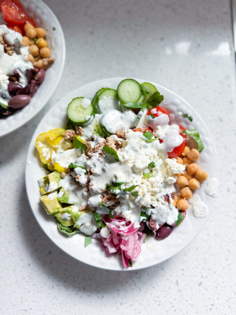 ground chicken greek bowl served