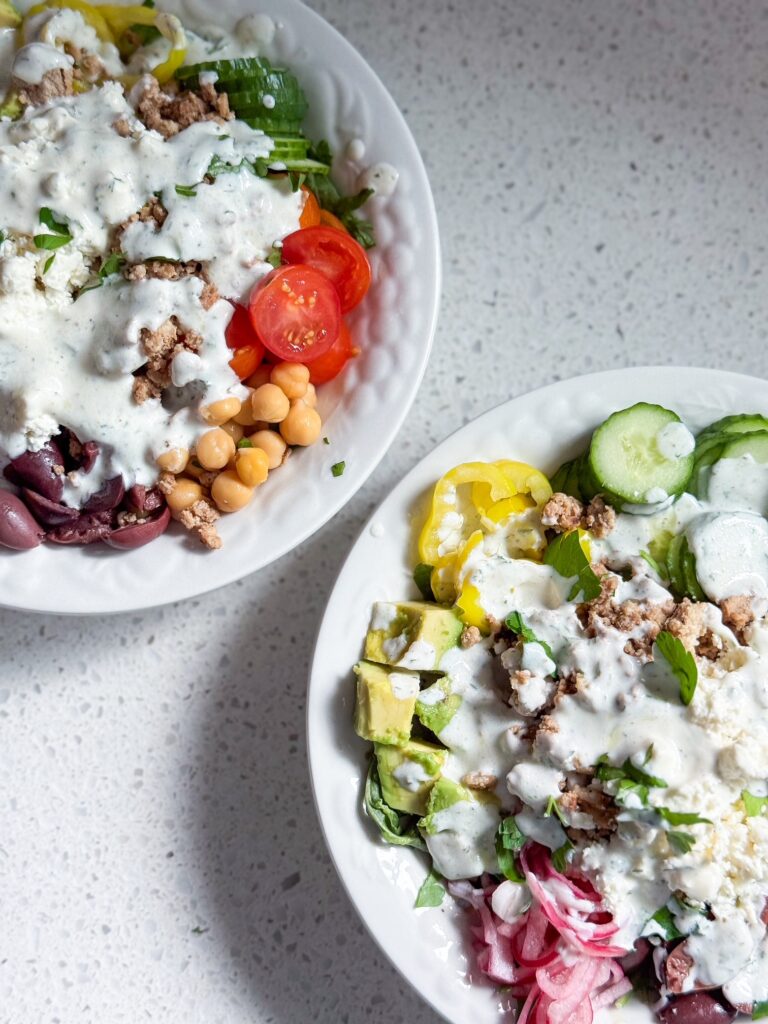 ground chicken greek bowls finished and served